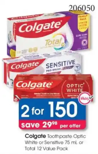 Clicks Colgate Toothpaste Optic White or Sensitive, or Total 12 Value Pack offer