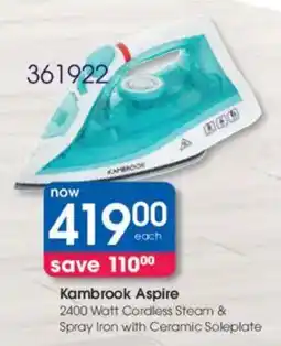 Clicks Kambrook Aspire 2400 Watt Cordless Steam & Spray Iron with Ceramic Soleplate offer