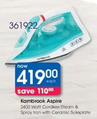 Clicks Kambrook Aspire 2400 Watt Cordless Steam & Spray Iron with Ceramic Soleplate offer