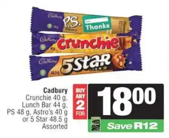 KwikSpar Cadbury Crunchie, Lunch Bar, PS, Astro's or 5 Star Assorted offer