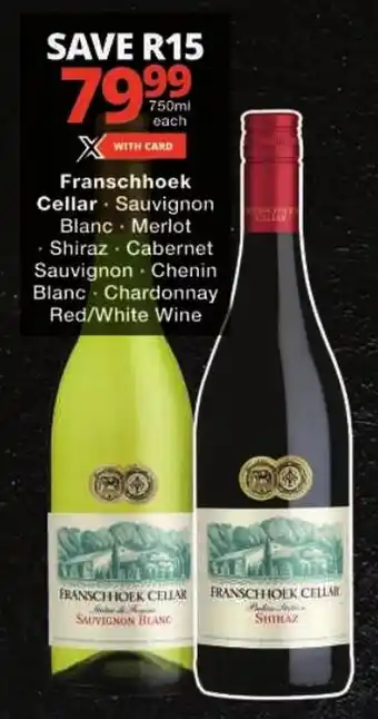 Checkers Franschhoek Cellar Sauvignon Blanc, Merlot, Shiraz, Cabernet Sauvignon, Chenin Blanc, Chardonnay Red/ White Wine offer