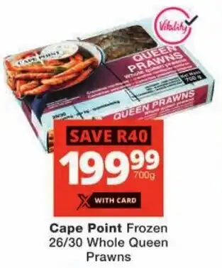Checkers Cape Point Frozen 26/30 Whole Queen Prawns offer