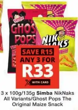 Checkers Simba NikNaks All Variants/ Ghost Pops The Original Maize Snack offer