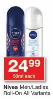Checkers Nivea Men/ Ladies Roll-On All Variants offer
