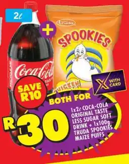 Shoprite 1x2ℓ Coca-Cola Original Taste Less Sugar Soft Drink + 1x100g Truda Spookies Maize Puffs offer