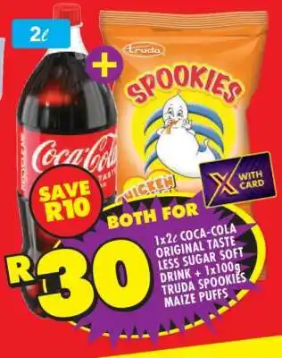 Shoprite 1x2ℓ Coca-Cola Original Taste Less Sugar Soft Drink + 1x100g Truda Spookies Maize Puffs offer