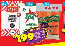 Shoprite Sasko Cake Wheat Flour 5kg + White Star Super Maize Meal 5kg + Champion Samp 5kg offer