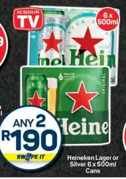 Pick n Pay Heineken Lager or Silver 6 x 500ml Cans offer