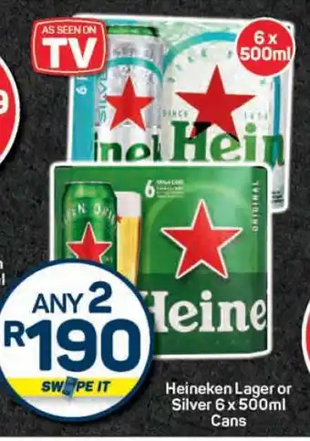 Pick n Pay Heineken Lager or Silver 6 x 500ml Cans offer