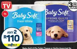 Pick n Pay Baby Soft 2 Ply Toilet Tissue or Quilts Assorted 9s offer