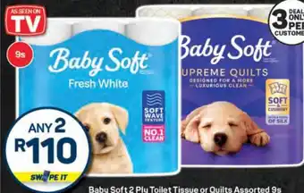 Pick n Pay Baby Soft 2 Ply Toilet Tissue or Quilts Assorted 9s offer