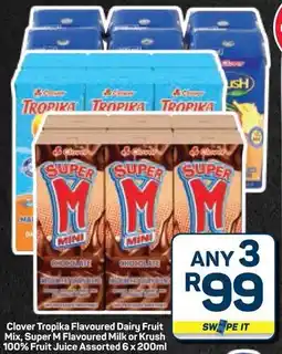 Pick n Pay Hypermarket Clover Tropika Flavoured Dairy Fruit Mix, Super M Flavoured Milk or Krush 100% Fruit Juice Assorted offer