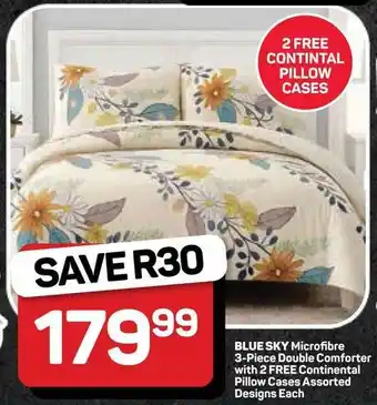 Pick n Pay Hypermarket BLUE SKY Microfibre Double Comforter with FREE Continental Pillow Cases Assorted Designs offer