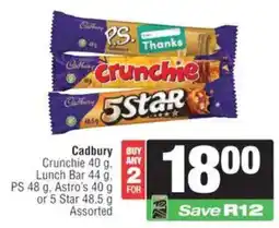 Spar Cadbury Crunchie, Lunch Bar, PS, Astro's or 5 Star Assorted offer