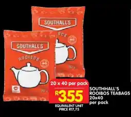 Shoprite SOUTHALL'S ROOIBOS TEABAGS 20x40 per pack offer