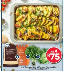 Pick n Pay PnP Cabbage Head, All Purpose Potatoes 2kg, Onions 1kg and Spinach V offer