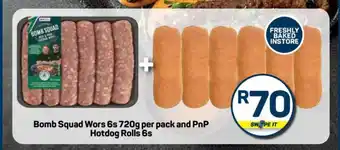 Bomb Squad Wors 6s 720g per pack and PnP Hotdog Rolls 6s