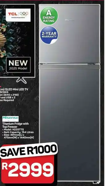Pick n Pay Hypermarket Hisense Titanium Fridge with Top Freezer offer