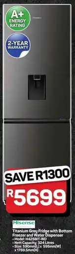 Pick n Pay Hypermarket Hisense Titanium Grey Fridge with Bottom Freezer and Water Dispenser offer