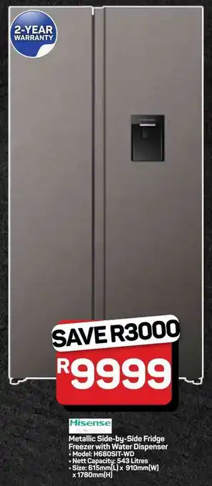 Pick n Pay Hypermarket Hisense Metallic Side-by-Side Fridge Freezer with Water Dispenser offer