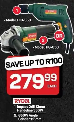 Pick n Pay Hypermarket Ryobi Impact Drill Handyline 550W or 650W Angle Grinder offer