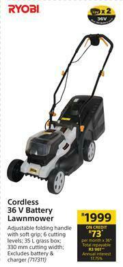 Builders Warehouse Ryobi Cordless 36V Battery Lawnmower offer