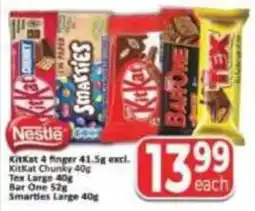Supa Store Nestle KitKat 4 finger, KitKat Chunky, Tex Large, Bar One, Smarties Large offer