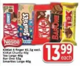 Supa Store Nestle KitKat 4 finger, KitKat Chunky, Tex Large, Bar One, Smarties Large offer