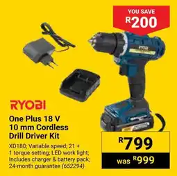 Builders Warehouse RYOBI One Plus 18 V 10 mm Cordless Drill Driver Kit offer