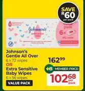 Dis-Chem Johnson's Gentle All Over Or Extra Sensitive Baby Wipes-Per Pack offer