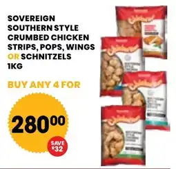 Econo Foods Sovereign southern style crumbed chicken strips, pops, wings or schnitzels offer