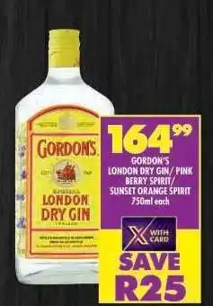 Shoprite Gordon's London Dry Gin / Pink Berry Spirit / Sunset Orange Spirit 750ml each offer