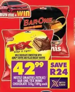 Shoprite NESTLÉ SMARTIES/KITKAT/BAR ONE/TEX MINIS CHOCOLATE 135g/189g each offer