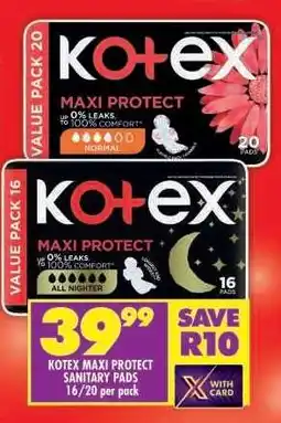 Shoprite KOTEX MAXI PROTECT SANITARY PADS 16/20 per pack offer