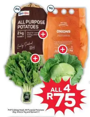 Pick n Pay Hypermarket PnP Cabbage Head, All Purpose Potatoes 2kg, Onions 1kg and Spinach offer