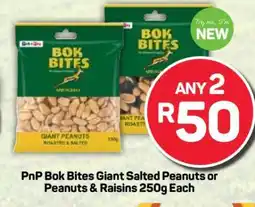 Pick n Pay PnP Bok Bites Giant Salted Peanuts or Peanuts & Raisins 250g Each offer