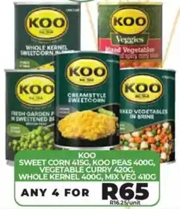 1UP Koo sweet corn, koo peas, vegetable curry, whole kernel, mix veg offer