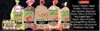 Checkers Hyper Class 1 Hyper Value Golden Delicious/ Red Apples/ Hyper Value Butternut/ Onions/ White Button Mushrooms/ Potatoes offer