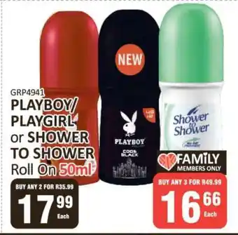 KitKat Cash and Carry PLAYBOY/PLAYGIRL or SHOWER TO SHOWER Roll On 50ml offer