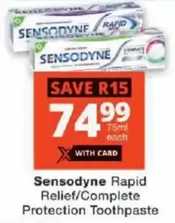 Checkers Sensodyne Rapid Relief/ Complete Protection Toothpaste offer
