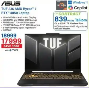 Incredible Connection ASUS TUF A16 AMD Ryzen 7 RTX 4050 Laptop offer