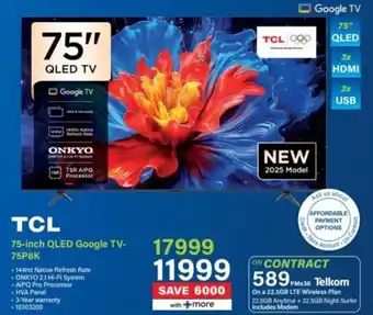 Incredible Connection TCL 75-inch QLED Google TV-75P8K offer