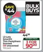 Dis-Chem Lil-Lets Smartfit Thin Pantyliners Scented Or Unscented 100 Pack-For 3 offer
