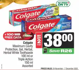 Spar Colgate Maximum Cavity Protection, Gel, Herbal, Herbal White Toothpaste or Triple Action Assorted offer