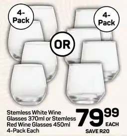 Pick n Pay Hypermarket DAY Stemless White Wine Glasses or Stemless Red Wine Glasses offer