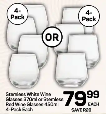 Pick n Pay Hypermarket DAY Stemless White Wine Glasses or Stemless Red Wine Glasses offer