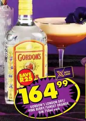 Shoprite GORDON'S LONDON DRY / PINK BERRY / SUNSET ORANGE GIN 750ml each offer