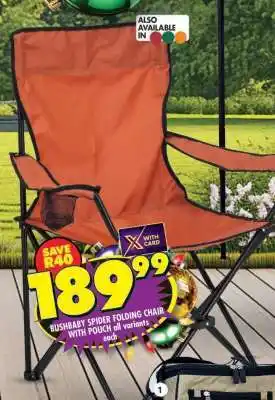 Shoprite BUSHBABY SPIDER FOLDING CHAIR WITH POUCH offer
