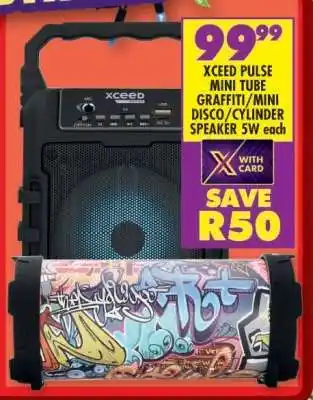 Shoprite XCEED PULSE MINI TUBE GRAFFITI/MINI DISCO/CYLINDER SPEAKER 5W offer