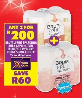Shoprite BRUTAL FRUIT SPARKLING RUBY APPLE/LITCHI SÈCHE/STRAWBERRY ROUGE SPIRIT COOLER 2x 6x500ml cans offer